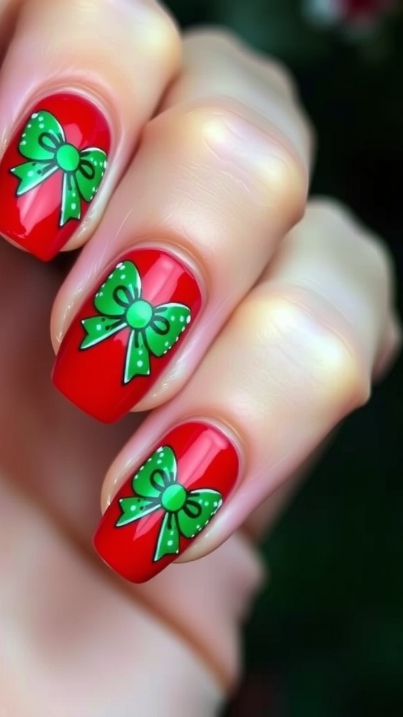 Christmas Nail Art with Bow Design Christmas nail art with red base and green bow design.